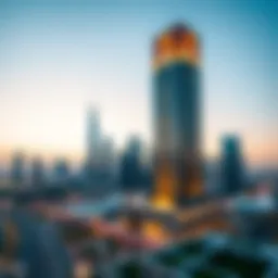 Stunning view of Al Majara Tower against the Dubai skyline