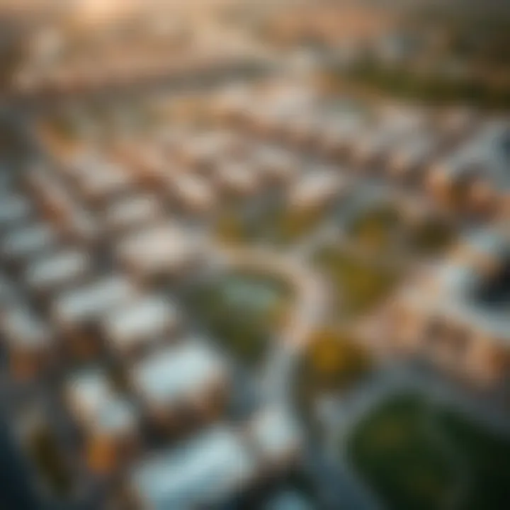 Aerial Perspective of Mudon Community Aerial view of Mudon community showcasing residential and recreational spaces