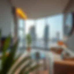 Panoramic view of a modern one-bedroom apartment in Dubai