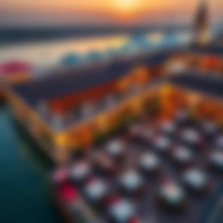 Aerial view of the waterfront dining area bustling with activity