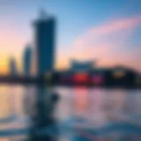 Stunning waterfront view of Dubai Festival City Mall at sunset