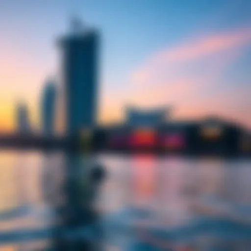 Stunning waterfront view of Dubai Festival City Mall at sunset