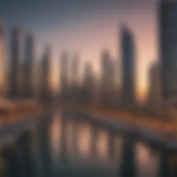 A panoramic view of the Dubai Marina skyline at sunset