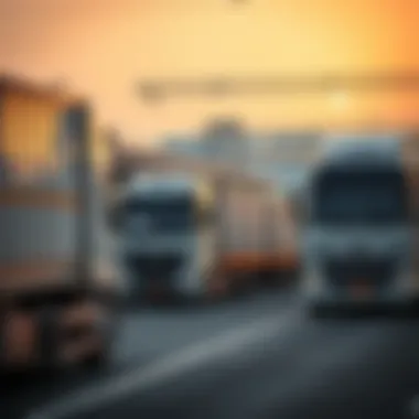 Transportation Operations at DXB Main Distribution Centre Trucks loading goods at DXB Main Distribution Centre, emphasizing transportation links