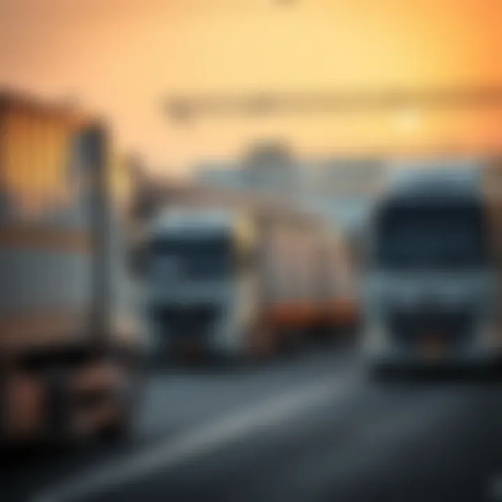Transportation Operations at DXB Main Distribution Centre Trucks loading goods at DXB Main Distribution Centre, emphasizing transportation links