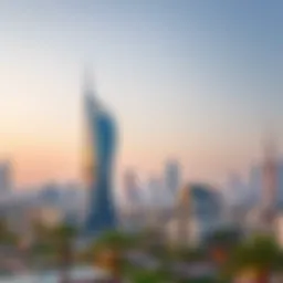 A panoramic view of Al Batha Tower showcasing its unique architectural design against the Dubai skyline.