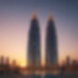 Stunning view of Dubai Twin Towers against a sunset sky