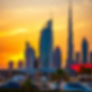 Colorful sunset over iconic landmarks of Dubai