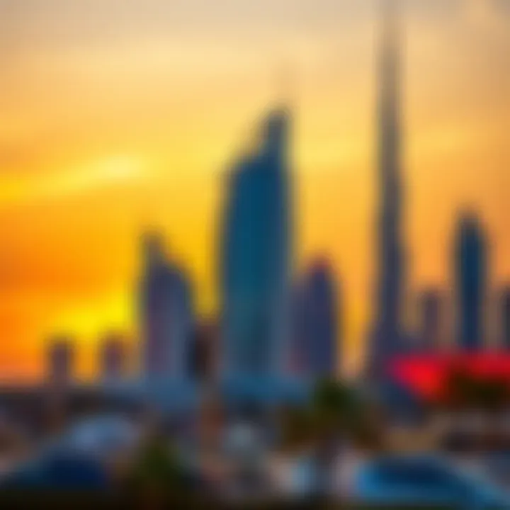 Colorful sunset over iconic landmarks of Dubai