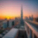 Stunning view of Dubai skyline at sunset from a rooftop