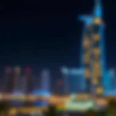 Illuminated Blue Bay Tower at Night Night view of Blue Bay Tower lit up against the Dubai skyline