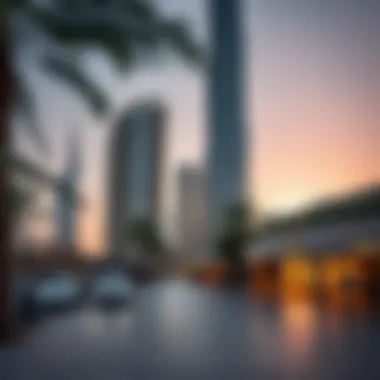 Community space surrounding Burj Daman with vibrant urban life