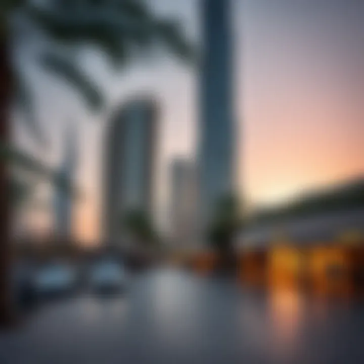 Community space surrounding Burj Daman with vibrant urban life