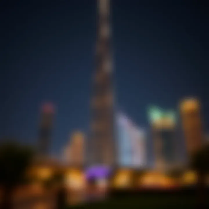 Night view of Burj Daman illuminated against the Dubai skyline