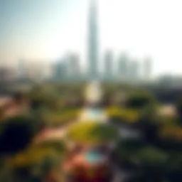 Aerial view of Burj Park showcasing its lush greenery against the backdrop of the Burj Khalifa