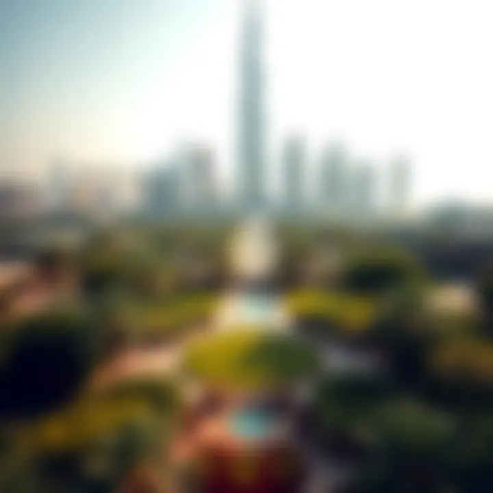 Aerial Perspective of Burj Park Aerial view of Burj Park showcasing its lush greenery against the backdrop of the Burj Khalifa