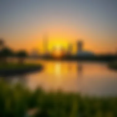 Golden Hour at Burj Park Captivating sunset at Burj Park, with the skyline reflecting golden hues on the water