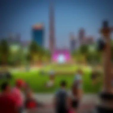 Leisure Moments at Burj Park Wide-angle shot capturing the vibrant atmosphere of Burj Park filled with visitors enjoying leisure activities