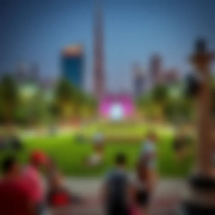 Leisure Moments at Burj Park Wide-angle shot capturing the vibrant atmosphere of Burj Park filled with visitors enjoying leisure activities
