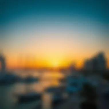 Sunset over Dubai Harbour's Creek with city skyline in the background