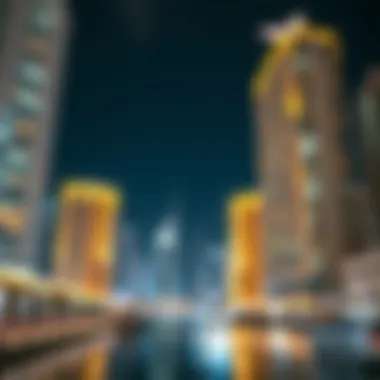 Vibrant night scene showcasing Dubai Marina's illuminated buildings