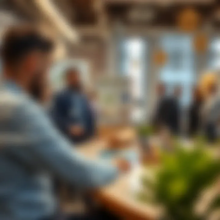 Engagement in Real Estate Ventures A bustling real estate office with professionals engaging in discussions