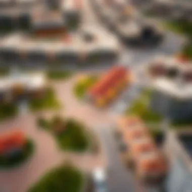 Aerial photograph of the bustling community around Idris Boulevard with parks and amenities