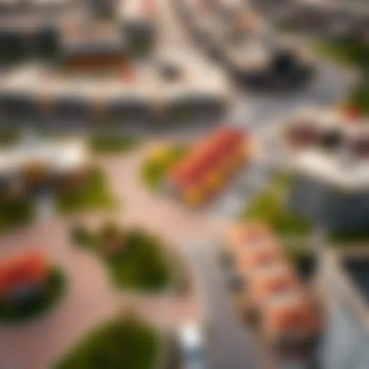 Aerial photograph of the bustling community around Idris Boulevard with parks and amenities