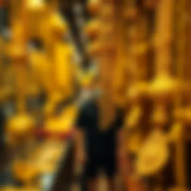 Intricate gold jewelry on display at the Old Gold Souk