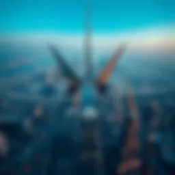 Aerial view showcasing the wings of Burj Khalifa amidst Dubai's skyline