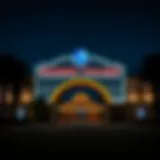 Global Village entrance illuminated at dusk