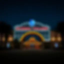 Global Village entrance illuminated at dusk