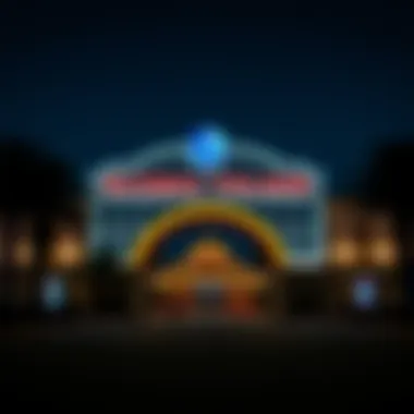 Global Village entrance illuminated at dusk