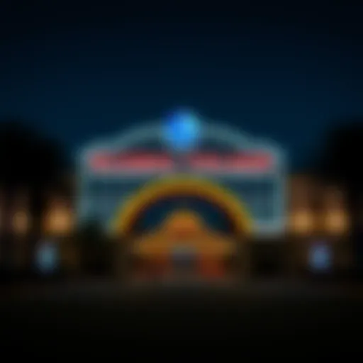 Global Village entrance illuminated at dusk