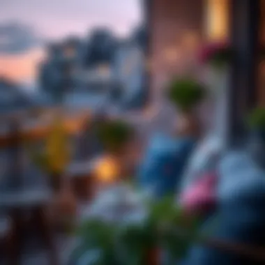 A cozy evening setup on a small balcony with ambient lighting and decorative cushions