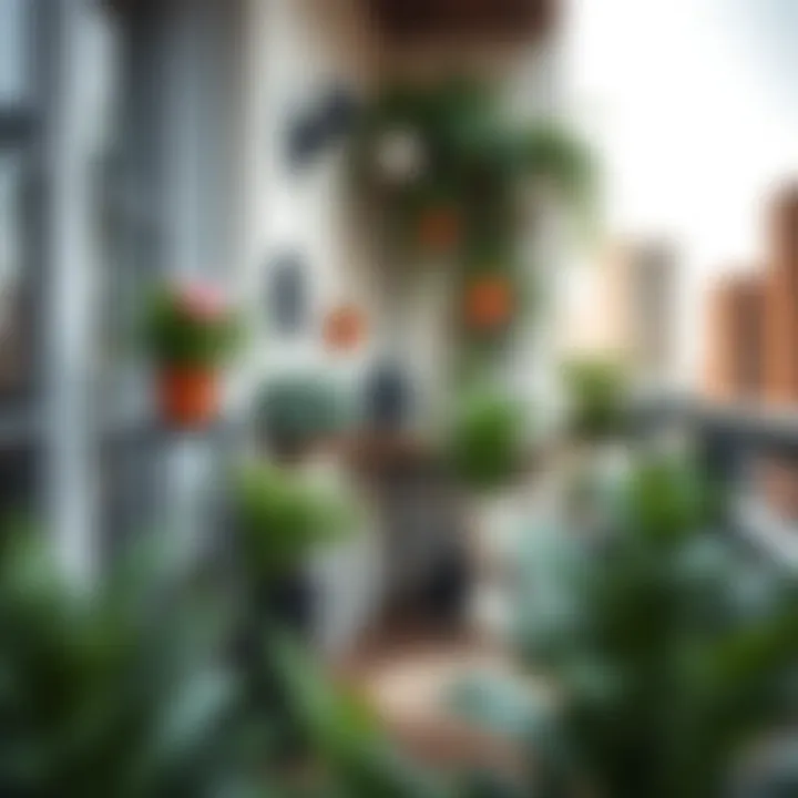 An elegant balcony garden featuring vertical planters and decorative elements