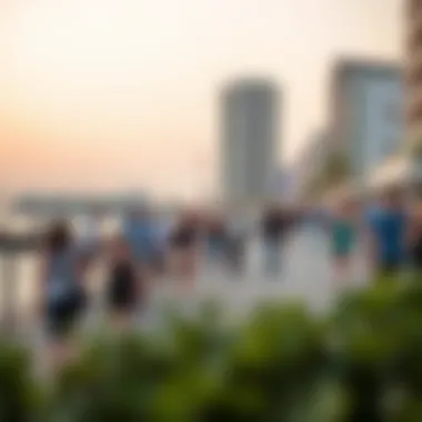 The vibrant waterfront promenade at Marsa Al Seef bustling with visitors engaging in various activities.