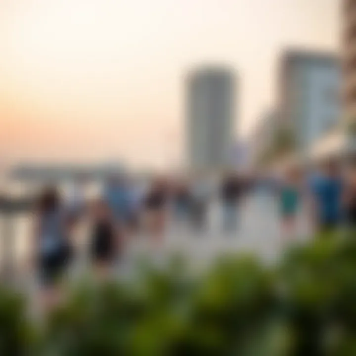 The vibrant waterfront promenade at Marsa Al Seef bustling with visitors engaging in various activities.