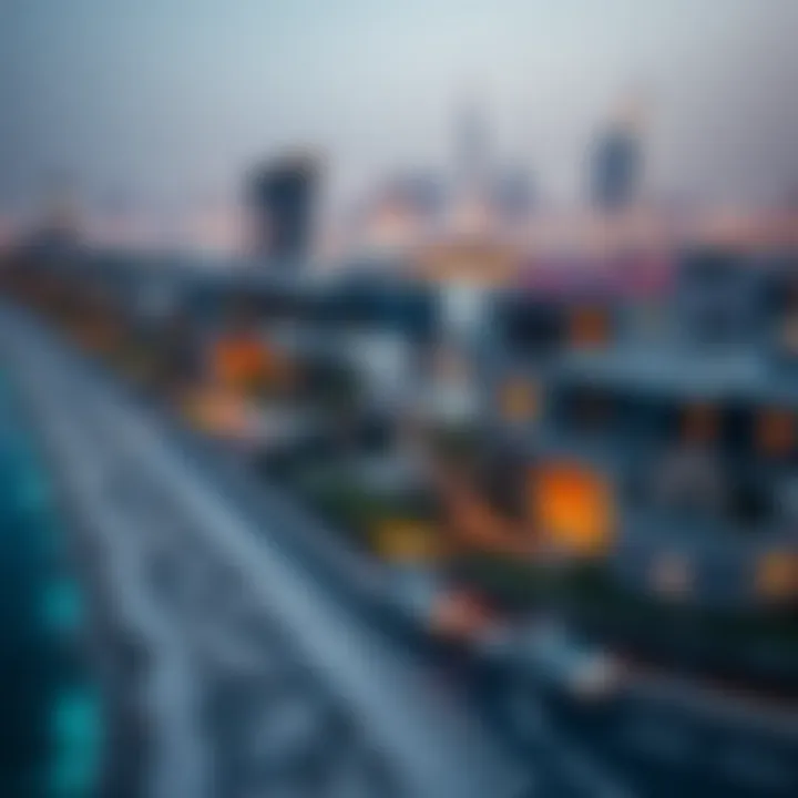 Luxury Homes in Dubai's Skyline A stunning aerial view of Dubai's skyline showcasing luxury mega homes along the coast.