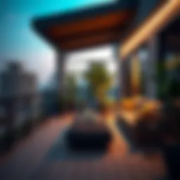 Stylish modern balcony with wooden flooring and plush seating