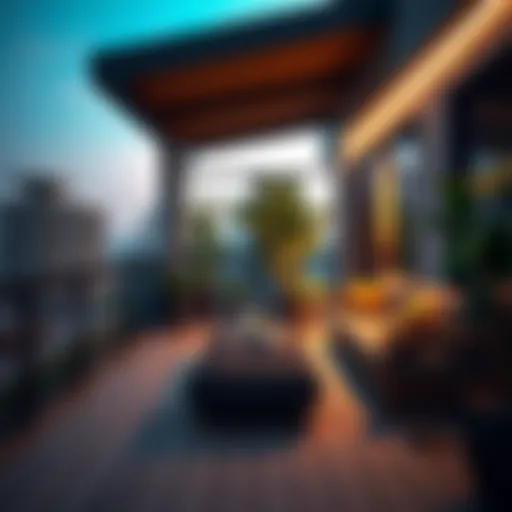 Stylish modern balcony with wooden flooring and plush seating