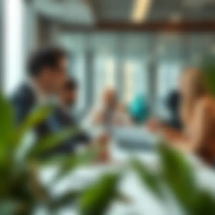 Real Estate Professionals: Navigating Opportunities A bustling real estate office with professionals discussing property investments