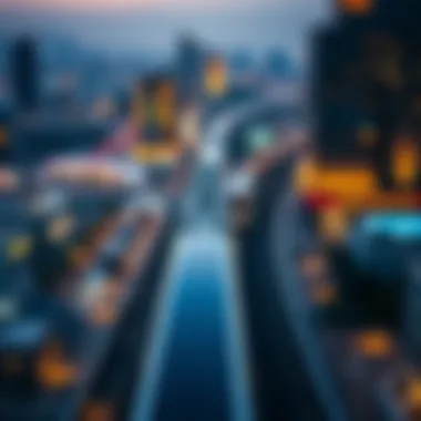 Aerial view of Dubai Metro line cutting through the skyline.