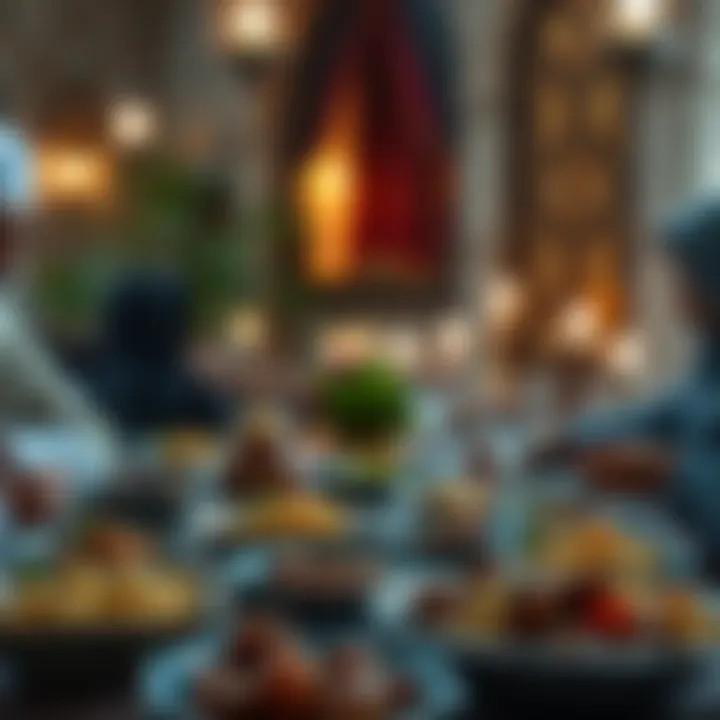 Traditional Iftar setting with various dishes and dates