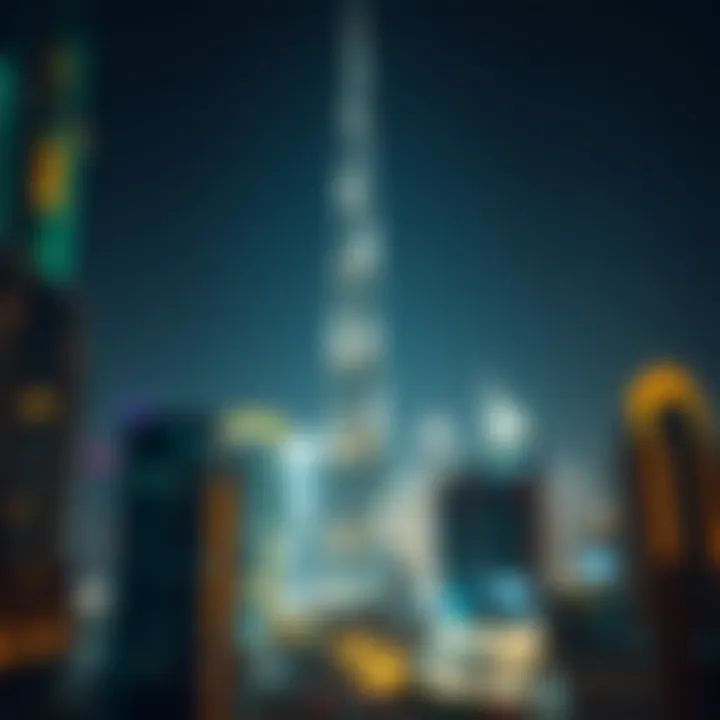 Nighttime cityscape featuring Burj Khalifa illuminated