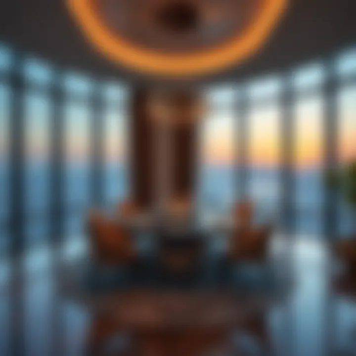 An exquisite dining area in a luxurious penthouse with a view of the city