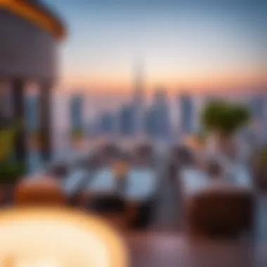 A panoramic view of a luxurious penthouse terrace overlooking the Dubai skyline