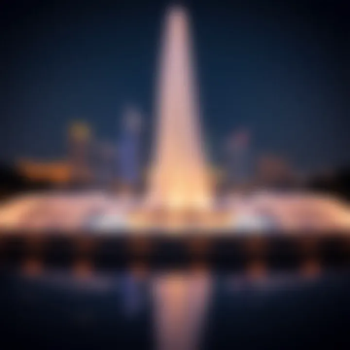 Illuminated Fountain with City Skyline at Night Nighttime illumination of a fountain with city skyline