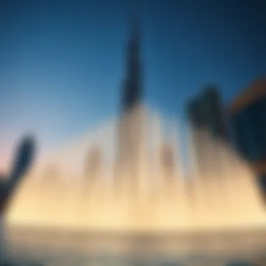 The Burj Khalifa Fountain set against the backdrop of the Dubai skyline